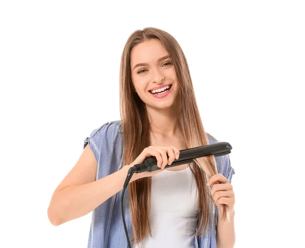 Young Woman Straightening Iron White Background — Stock Photo, Image