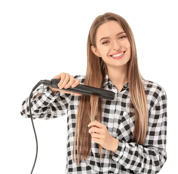 Mujer Joven Con Plancha Enderezadora Sobre Fondo Blanco —  Fotos de Stock