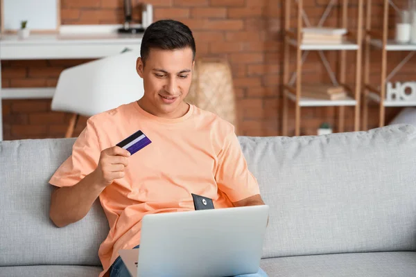 Man Laptop Booking Tickets Online Home — Stock Photo, Image