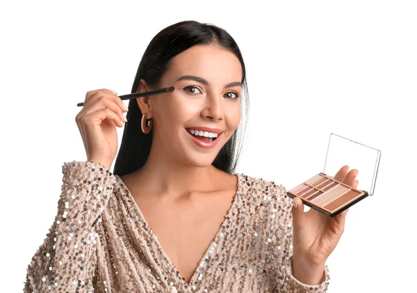Beautiful Young Woman Applying Eyeshadows White Background — Stock Photo, Image