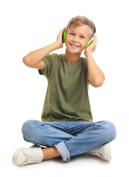 Little Boy Listening Music White Background — Stock Photo, Image