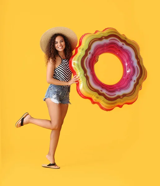 Beautiful Young African American Woman Inflatable Ring Color Background — Stock Photo, Image