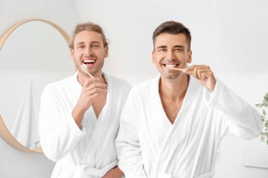 Banyoda diş fırçalayan mutlu eşcinsel çift.