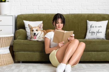 Evde tatlı Corgi köpeği olan bir kadın var.