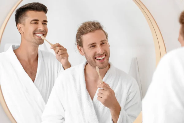 Happy Gay Couple Brushing Teeth Bathroom — Stock Photo, Image