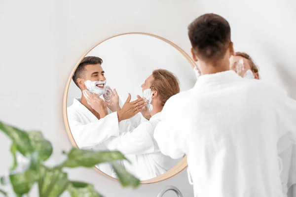 Happy Gay Couple Shaving Bathroom — Stock Photo, Image