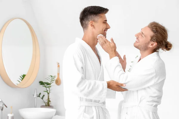 Happy Gay Couple Shaving Bathroom — Stock Photo, Image