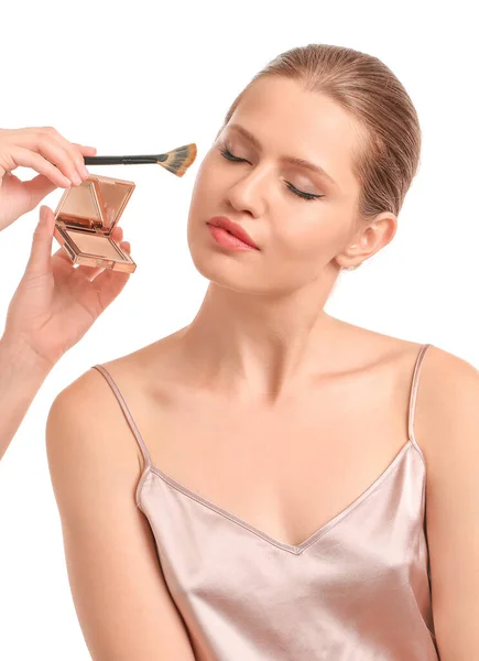 Makeup Artist Working Model White Background — Stock Photo, Image