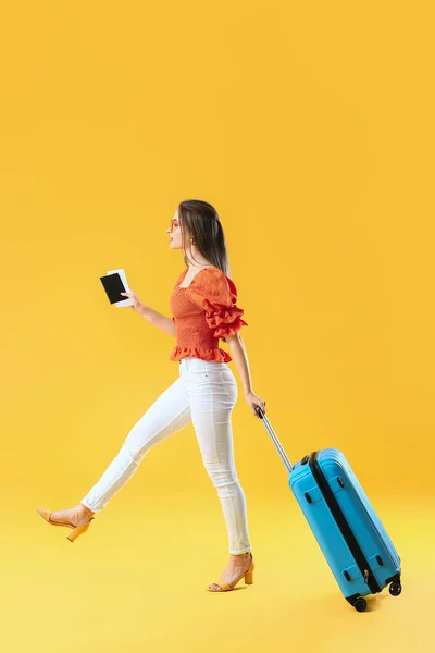 Young Woman Suitcase Color Background Travel Concept — Stock Photo, Image