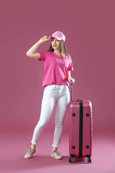 Young Woman Suitcase Color Background Travel Concept — Stock Photo, Image