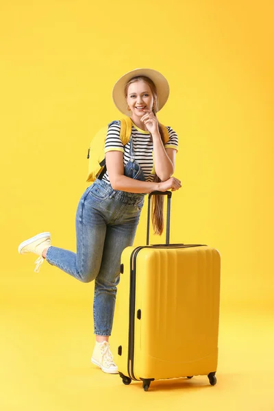 Young Woman Suitcase Color Background Travel Concept — Stock Photo, Image