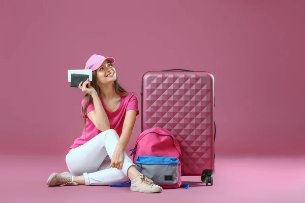 Young Woman Suitcase Color Background Travel Concept — Stock Photo, Image