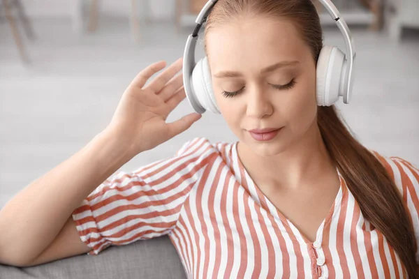 Sleepy Young Woman Listening Music Home — Stock Photo, Image