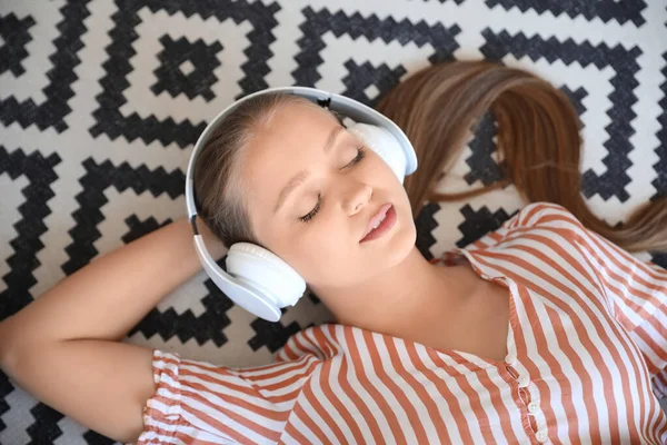 Sleepy Young Woman Listening Music Home — Stock Photo, Image