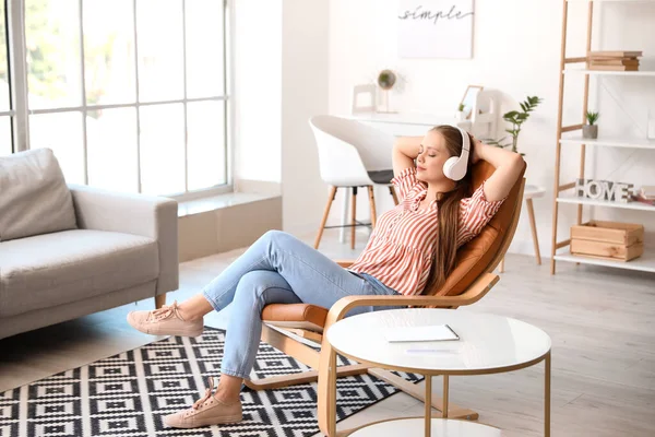 Sleepy Young Woman Listening Music Home — Stock Photo, Image