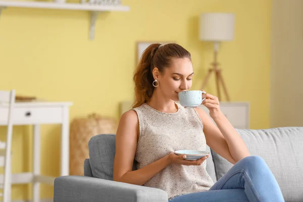 Beautiful Young Woman Drinking Tea Home — Stock Photo, Image