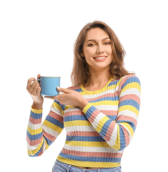 Beautiful Young Woman Cup Tea White Background — Stock Photo, Image