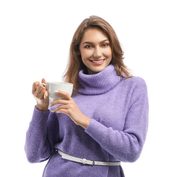Beautiful Young Woman Cup Tea White Background — Stock Photo, Image