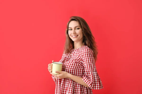 Beautiful Young Woman Cup Tea Color Background — Stock Photo, Image