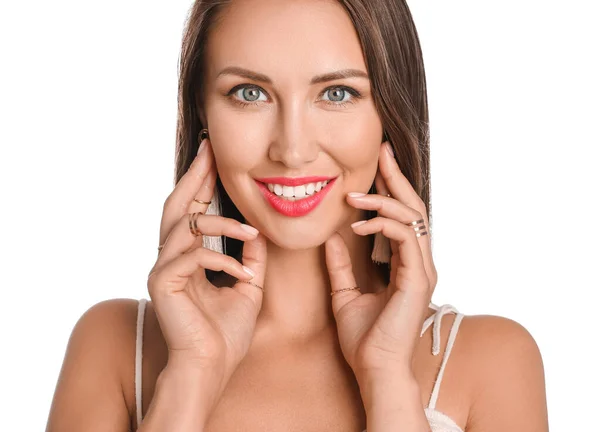 Young Woman Beautiful Makeup White Background — Stock Photo, Image