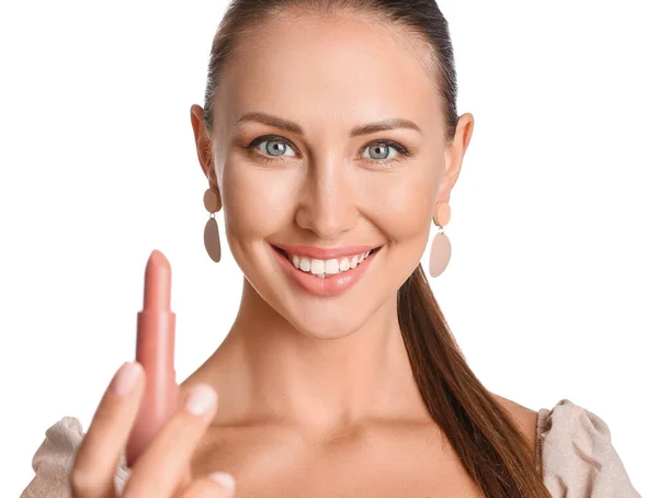 Belle Jeune Femme Avec Rouge Lèvres Sur Fond Blanc — Photo