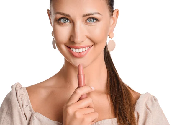 Beautiful Young Woman Lipstick White Background — Stock Photo, Image