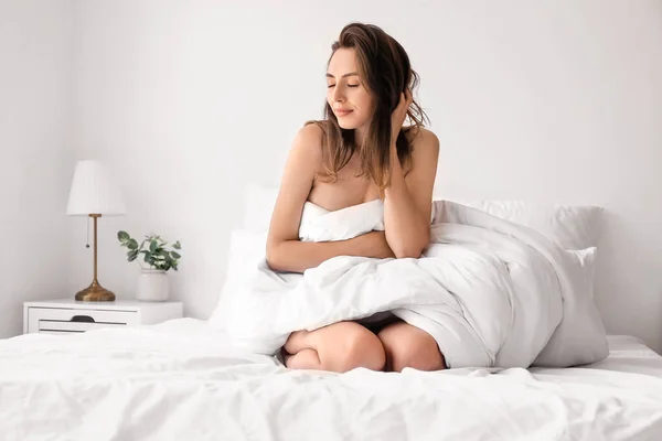 Seductive Woman Sitting Bed Home — Stock Photo, Image