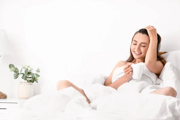 Seductive Woman Drinking Coffee Bed Home — Stock Photo, Image