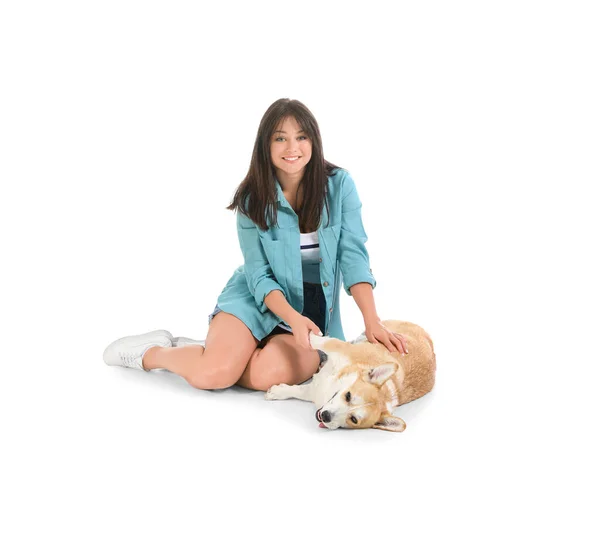 Woman Cute Corgi Dog White Background — Stock Photo, Image