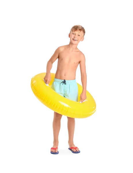 Cute Little Boy Inflatable Ring White Background — Stock Photo, Image