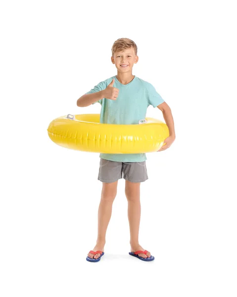 Cute Little Boy Inflatable Ring Showing Thumb White Background — Stock Photo, Image