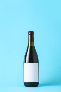 Renkli arka planda boş etiketli bir şişe şarap. Tasarım için model