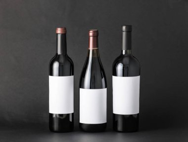 Karanlık arka planda boş etiketli şarap şişeleri. Tasarım için model