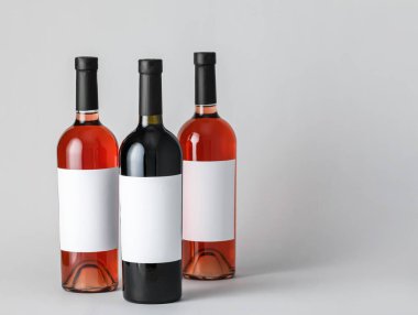 Hafif arka planda boş etiketli şarap şişeleri. Tasarım için model