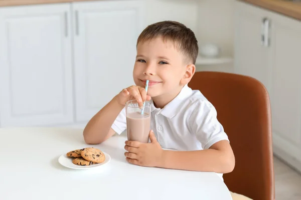 Little Boy Drinking Chocolate Milk Eating Cookies Home — Stock Photo, Image