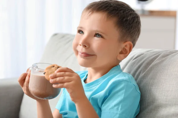 Little Boy Drinking Tasty Chocolate Milk Eating Cookies Home — Stock Photo, Image
