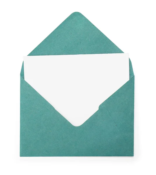 Cartão Branco Com Envelope Sobre Fundo Branco — Fotografia de Stock