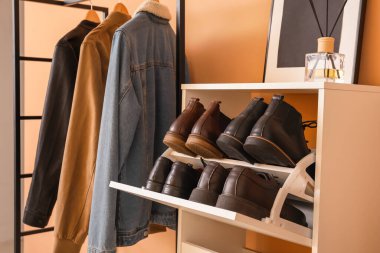 Modern salonun içinde şık ayakkabılarla ayakta durun.