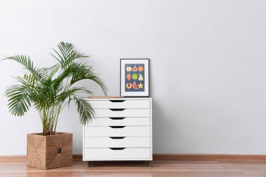 Odada ışık duvarının yanında ev bitkisi olan modern çekmeceler.