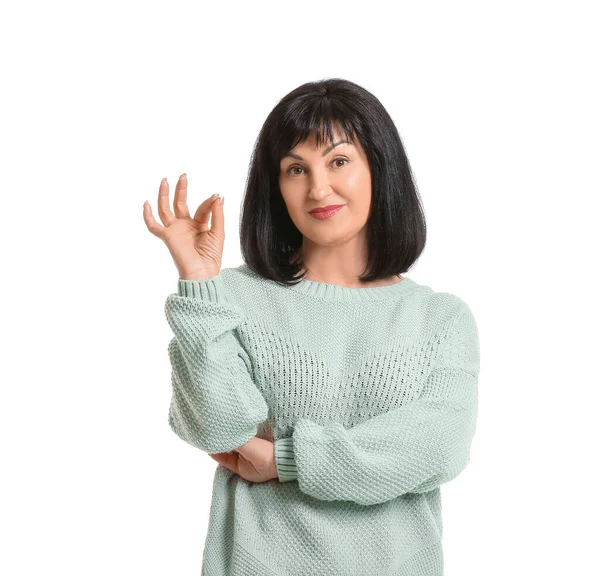 Beautiful Mature Woman Showing Gesture White Background — Stock Photo, Image
