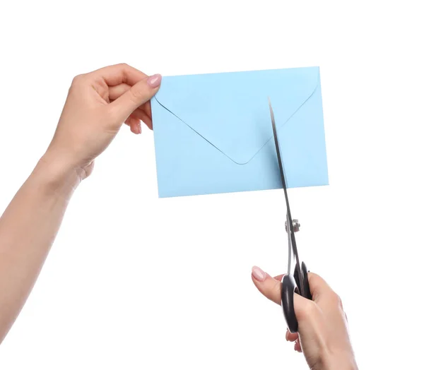 Woman Cutting Envelope White Background — Stock Photo, Image