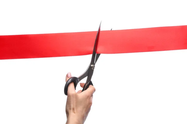 Woman Cutting Red Ribbon White Background — Stock Photo, Image