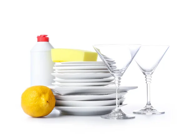 Clean Tableware Sponge Detergent White Background — Stock Photo, Image