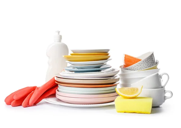 Clean Tableware Sponge Detergent Gloves White Background — Stock Photo, Image