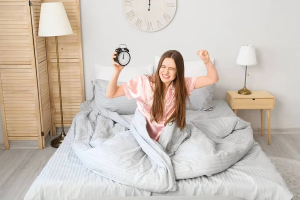 Stressed Woman Alarm Clock Suffering Insomnia Bedroom — Stock Photo, Image