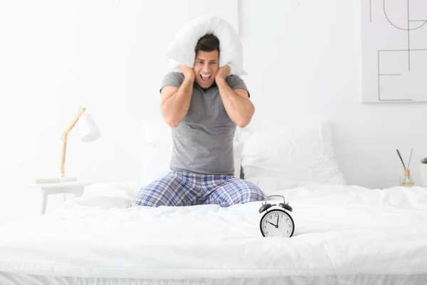 Stressed Man Alarm Clock Suffering Insomnia Bedroom — Stock Photo, Image