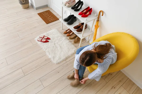 Woman Putting Stylish Shoes Hall — Stock Photo, Image