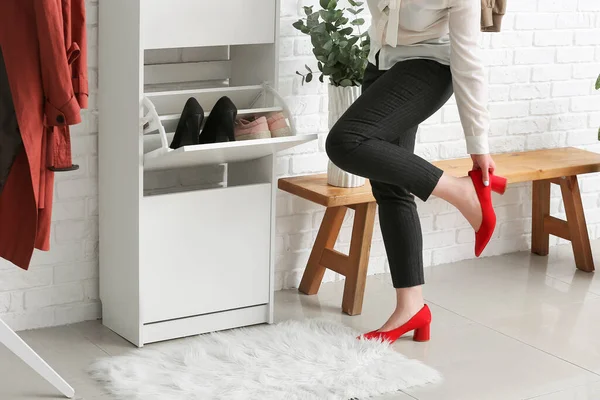 Woman Putting Stylish Shoes Hall — Stock Photo, Image