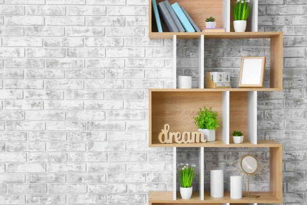 Modern Shelving Unit Brick Wall Room — Stock Photo, Image