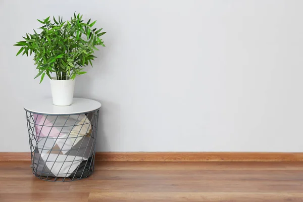 Moderner Tisch Mit Zimmerpflanze Nahe Lichtwand Zimmer — Stockfoto